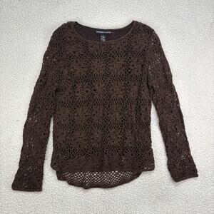 Vintage Womens Small Crochet Open Knit Top Hollow Sweater Chocolate Brown Lined